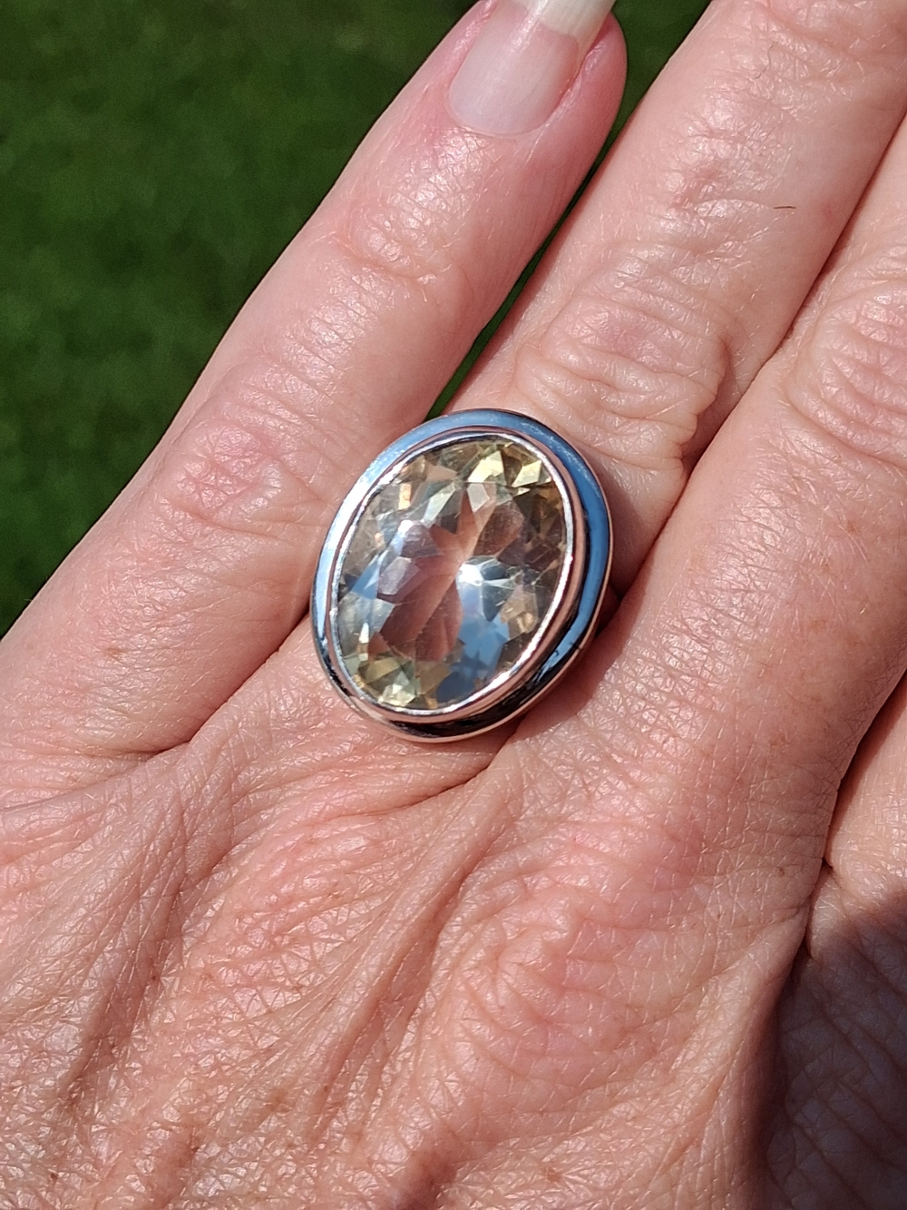 Sterling Silver Yellow Crystal Oval Ring - Chunky Estate Size 7